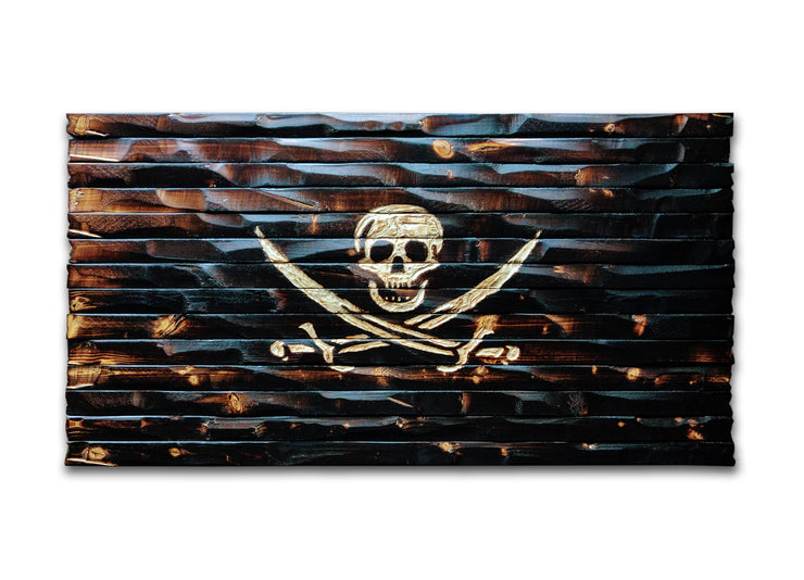 Jolly Roger Carved and Charred Wood Flag 38x21