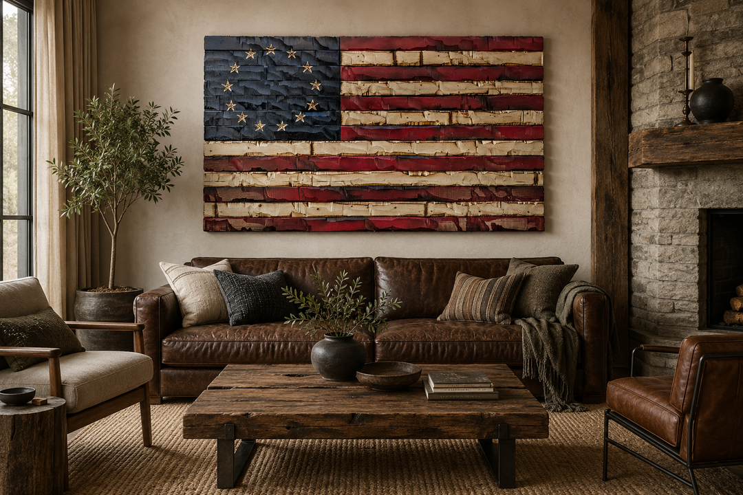 Living room with a large American flag painting on the wall, brown leather sofa, and wooden coffee table.