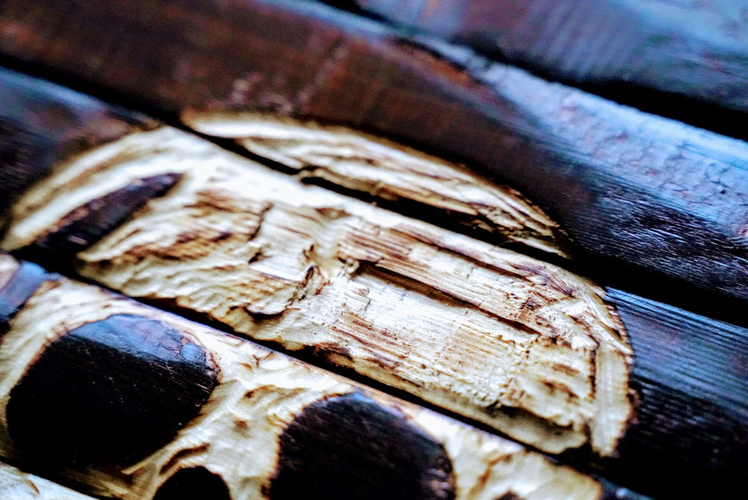 Jolly Roger Carved and Charred Wood Flag 38x21